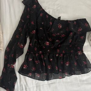 Forever 21 Black Floral One-Shoulder Blouse